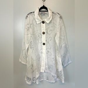Emma G Lagenlook Duster Sz Medium White Sheer Floral Linen Topper Coverup Tunic‎